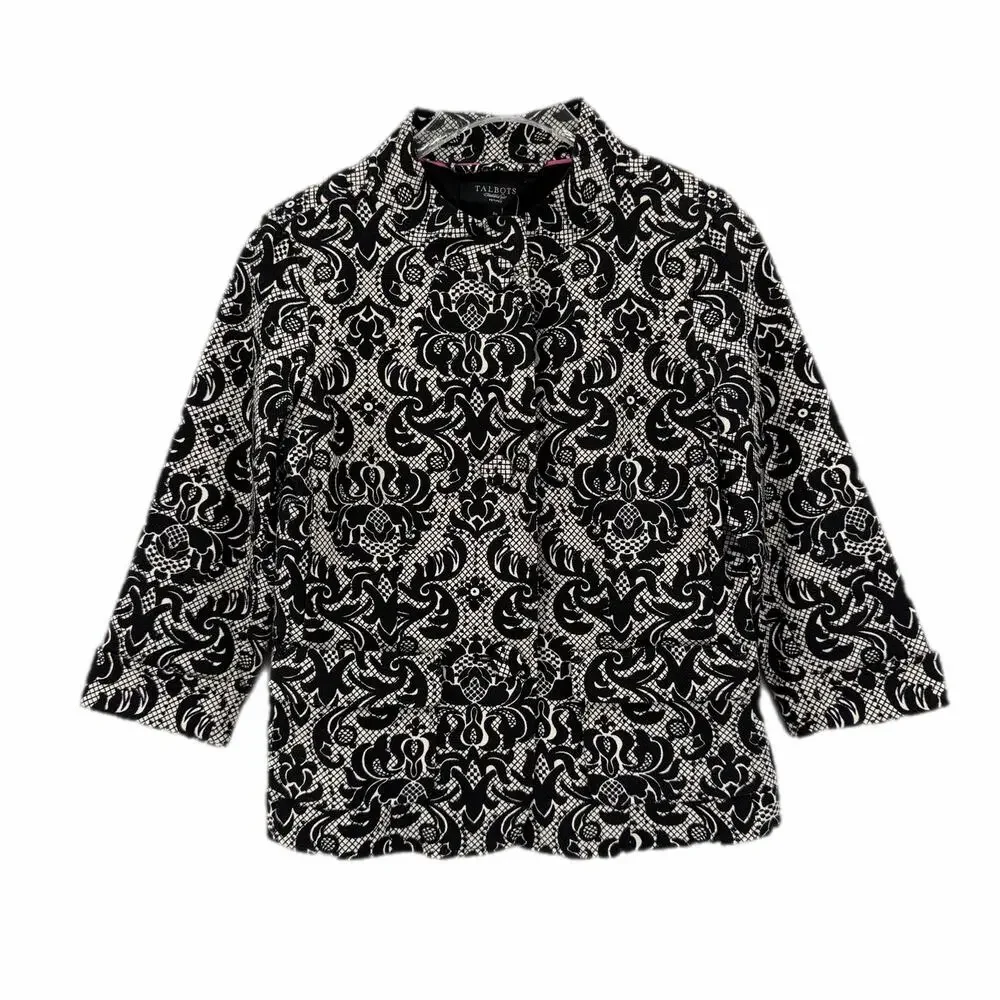 Talbots NEW Petite Black White Cotton Damask Blazer Professional Work Jacket